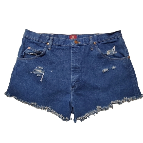 Reworked cut off Wrangler mens jean shorts highrise highwaisted ripped frayed